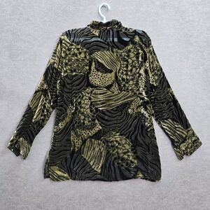 Chico's Design Women Button Up Shirt 1 Green Velvet Silk Zebra Print Sheer